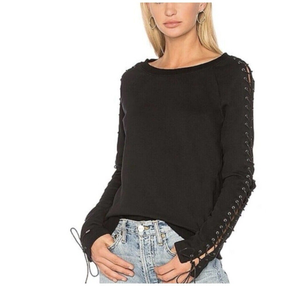 Pam & Gela Lace-Up Sleeve Sweatshirt Womens Small Black Distressed Indie Sleaze